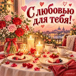 День святого Валентина — открытка «С любовью для тебя!» с романтичным ужином при свечах без алкоголя