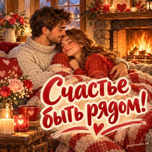 День святого Валентина — открытка «Счастье быть рядом!» с парой в тёплых объятиях у камина