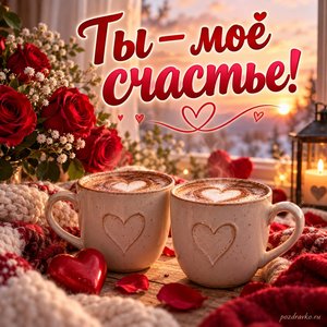 День святого Валентина — открытка «Ты — моё счастье!» с двумя чашками у уютного окна