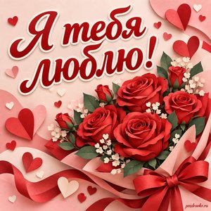 День святого Валентина — открытка «Я тебя люблю!» с букетом красных роз и бумажными сердечками