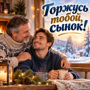 День сыновей — открытка «Горжусь тобой, сынок!» с отцом и взрослым сыном у зимнего окна