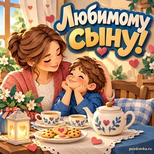 День сыновей — открытка «Любимому сыну!» с мамой и маленьким сыном за чайным столом