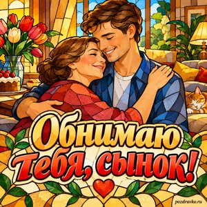 День сыновей — открытка «Обнимаю тебя, сынок!» с мамой и взрослым сыном на домашнем празднике