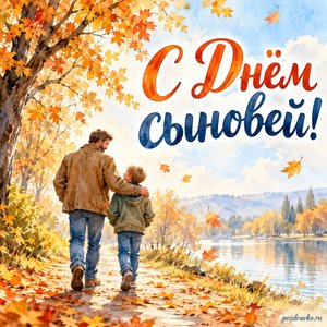 День сыновей — открытка «С Днём сыновей!» с отцом и сыном на прогулке в осеннем парке