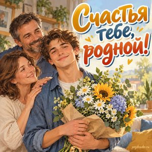 День сыновей — открытка «Счастья тебе, родной!» с молодым мужчиной и тёплым семейным букетом
