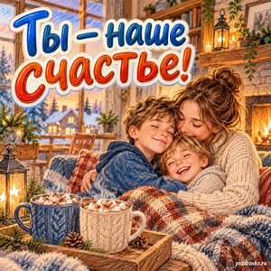 День сыновей — открытка «Ты — наше счастье!» с семейным домом и двумя кружками какао