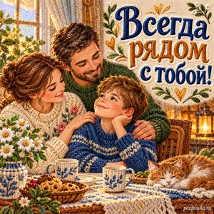 День сыновей — открытка «Всегда рядом с тобой!» с семьёй за уютным столом и мягким светом