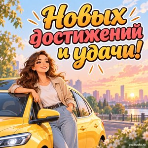 День таксиста — открытка «Новых достижений и удачи!» с женщиной-водителем у современного автомобиля
