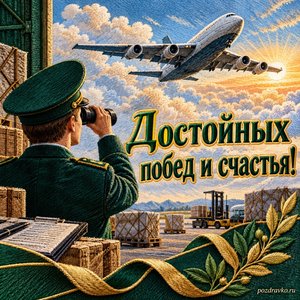 День таможенника — открытка «Достойных побед и счастья!» с силуэтом грузового самолёта над облаками