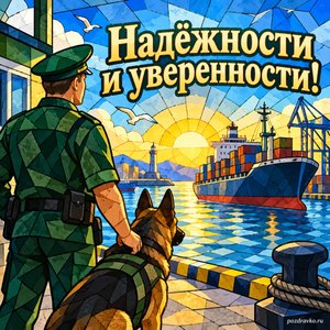День таможенника — открытка «Надёжности и уверенности!» с морским судном и солнечной гаванью