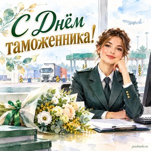 День таможенника — открытка «С Днём таможенника!» с сотрудницей таможни и букетом на рабочем столе