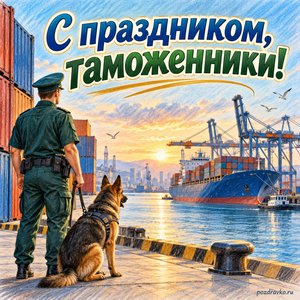 День таможенника — открытка «С праздником, таможенники!» с портом и аккуратными грузовыми контейнерами