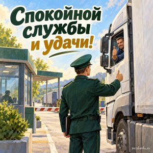 День таможенника — открытка «Спокойной службы и удачи!» с грузовым автомобилем у пункта контроля