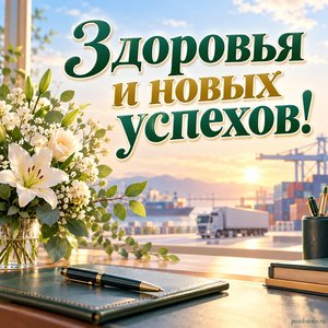 День таможенника — открытка «Здоровья и новых успехов!» с рабочим столом, ручкой и цветами