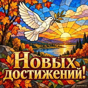 День танкиста — открытка «Новых достижений!» с белым голубем над осенним пейзажем