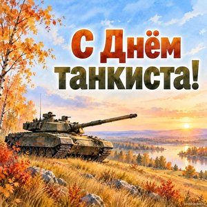 День танкиста — открытка «С Днём танкиста!» с бронетехникой без эмблем на спокойном осеннем поле
