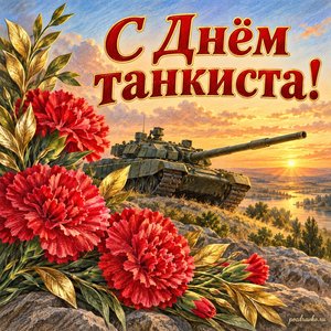 День танкиста — открытка «С Днём танкиста!» с гвоздиками и золотыми листьями