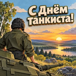 День танкиста — открытка «С Днём танкиста!» с танкистом без знаков различия у мирного горизонта