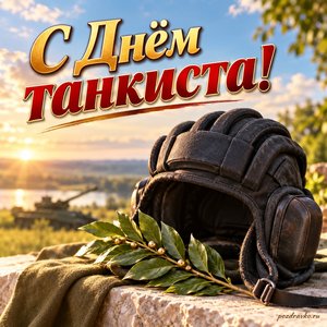 День танкиста — открытка «С Днём танкиста!» с защитным шлемом и веточкой лавра