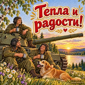 День танкиста — открытка «Тепла и радости!» с экипажем в нейтральной форме в спокойной обстановке