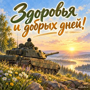 День танкиста — открытка «Здоровья и добрых дней!» с силуэтом машины в мягком утреннем свете