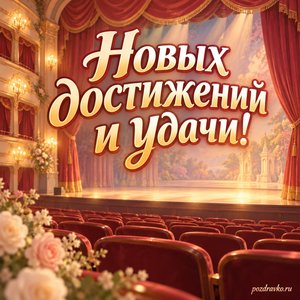 День театра — открытка «Новых достижений и удачи!» с пустым зрительным залом и мягкими огнями