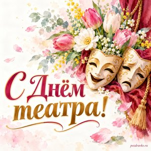 День театра — открытка «С Днём театра!» с театральными масками и весенним букетом