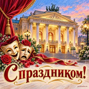 День театра — открытка «С праздником!» с красивым театральным зданием без надписей