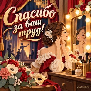 День театра — открытка «Спасибо за ваш труд!» с актрисой у театрального зеркала без букв
