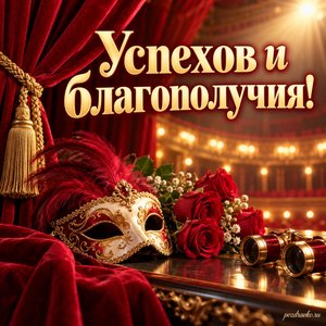 День театра — открытка «Успехов и благополучия!» с красным занавесом и золотым светом сцены