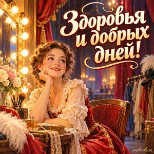 День театра — открытка «Здоровья и добрых дней!» с актёром у уютной гримёрной