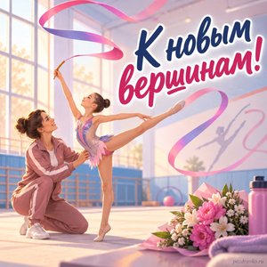 День тренера — открытка «К новым вершинам!» с гимнастическим залом и спортивной лентой