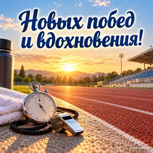 День тренера — открытка «Новых побед и вдохновения!» с беговой дорожкой стадиона на рассвете