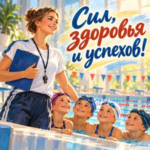 День тренера — открытка «Сил, здоровья и успехов!» с тренером у бассейна