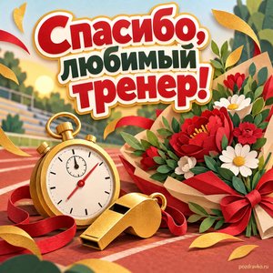 День тренера — открытка «Спасибо, любимый тренер!» с секундомером, свистком и букетом