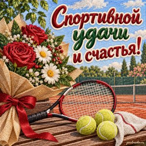 День тренера — открытка «Спортивной удачи и счастья!» с теннисной ракеткой и праздничным букетом