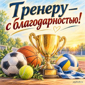 День тренера — открытка «Тренеру — с благодарностью!» с кубком и спортивными мячами