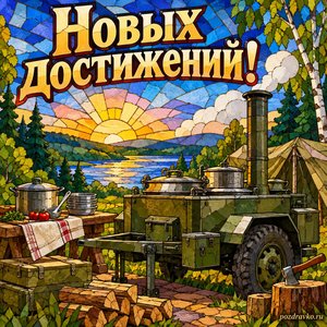 День тыла Вооружённых сил России — открытка «Новых достижений!» с аккуратной полевой кухней без людей и надписей День тыла Вооружённых сил России — открытка «Новых достижений!» с аккуратной полевой кухней без людей и надписей