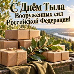 День тыла Вооружённых сил России — открытка «С Днём Тыла Вооруженных сил Российской Федерации!» с стопкой чистых коробок и веточкой лавра День тыла Вооружённых сил России — открытка «С Днём Тыла Вооруженных сил Российской Федерации!» с стопкой чистых коробок и веточкой лавра