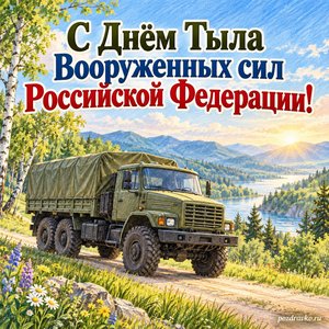 День тыла Вооружённых сил России — открытка «С Днём Тыла Вооруженных сил Российской Федерации!» с машиной снабжения на зелёной дороге без эмблем День тыла Вооружённых сил России — открытка «С Днём Тыла Вооруженных сил Российской Федерации!» с машиной снабжения на зелёной дороге без эмблем