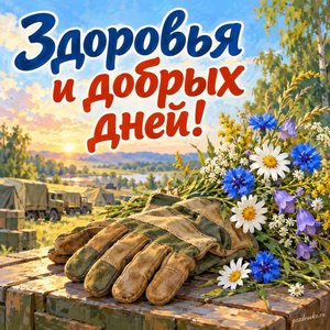 День тыла Вооружённых сил России — открытка «Здоровья и добрых дней!» с рабочими перчатками и летними цветами День тыла Вооружённых сил России — открытка «Здоровья и добрых дней!» с рабочими перчатками и летними цветами