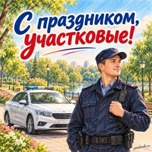 День участкового — открытка «С праздником, участковые!» с полицейским автомобилем без надписей у парка
