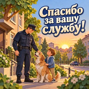 День участкового — открытка «Спасибо за вашу службу!» с тихим городским кварталом на рассвете