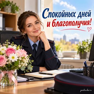 День участкового — открытка «Спокойных дней и благополучия!» с сотрудницей у рабочего стола без символов