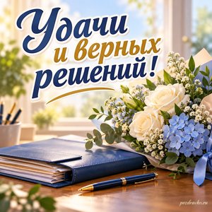 День участкового — открытка «Удачи и верных решений!» с папкой, ручкой и праздничными цветами