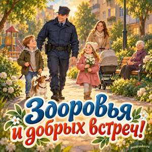 День участкового — открытка «Здоровья и добрых встреч!» с уютным двором и спокойной прогулкой