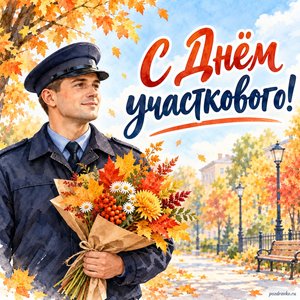 День участковых уполномоченных полиции — открытка «С Днём участкового!» с участковым в нейтральной форме и осенним букетом