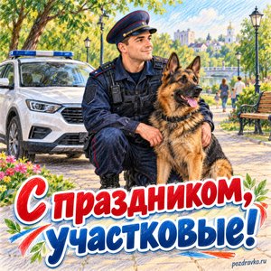 День участковых уполномоченных полиции — открытка «С праздником, участковые!» с полицейским автомобилем без надписей у парка