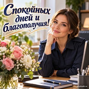 День участковых уполномоченных полиции — открытка «Спокойных дней и благополучия!» с сотрудницей у рабочего стола без символов