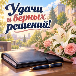 День участковых уполномоченных полиции — открытка «Удачи и верных решений!» с папкой, ручкой и праздничными цветами